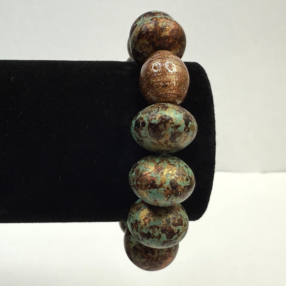 Turquoise Beaded Bracelet Glass Bronze Accent Beads Green & Brown Jewelry Sz 6